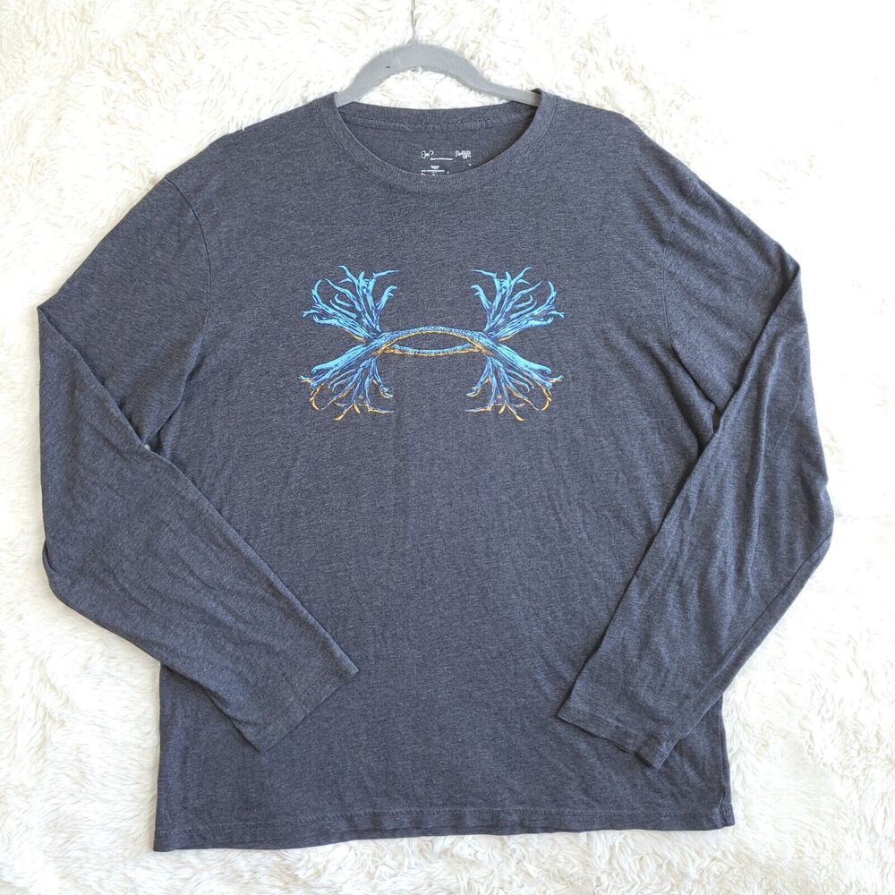 Under Armour Mens Gray Long Sleeve Tee Hunting Antler Graphic Size Lg